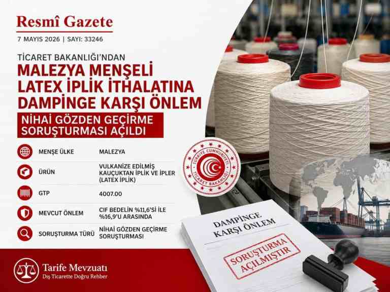 Malezya Menşeli Lateks İplik İthalatında Nihai Gözden Geçirme Soruşturması Açıldı
