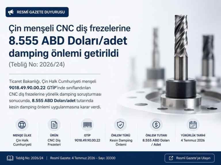 Çin menşeli CNC diş frezelerine 8.555 ABD Doları/adet damping önlemi getirildi